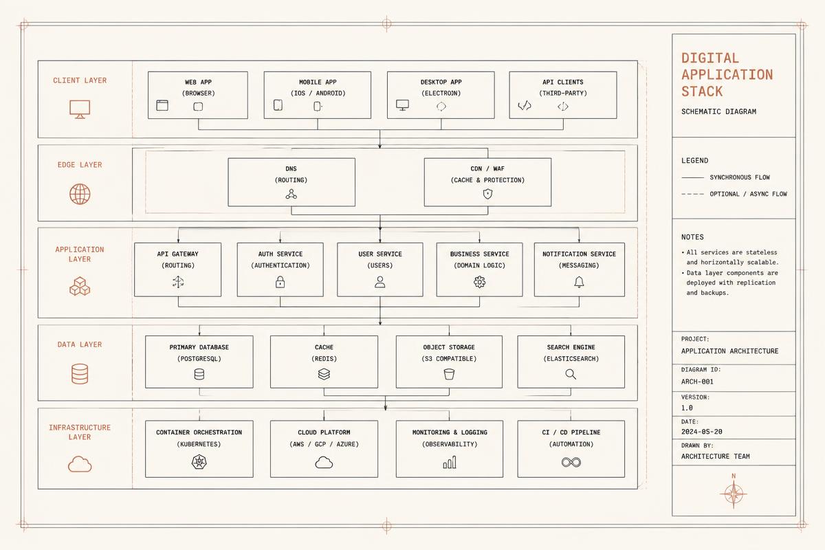 Schematic diagram of the Geenius application stack, from client layer to infrastructure